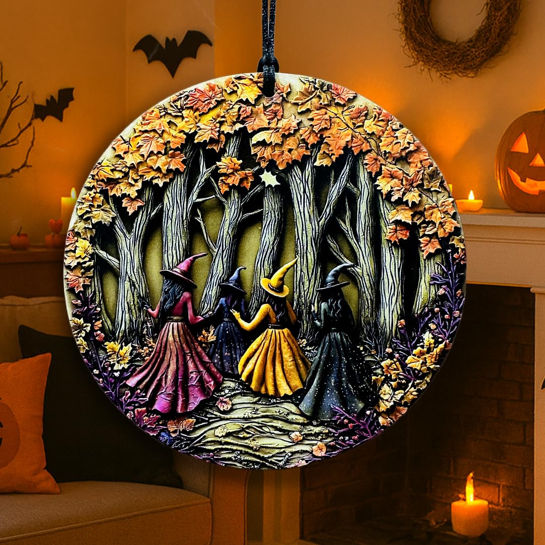 Halloween Stained Glass Window Ornament, Witch Scene with Pumpkins, Acrylic Hanging Suncatcher, Round Wall Art Decor, Witchy Ornament for Home Friends and Family (Two Girls)